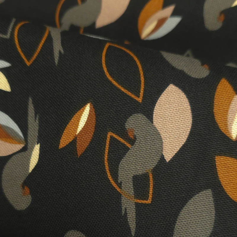 Tissu canevas de coton demi-natté | Oiseaux et feuilles | Charcoal