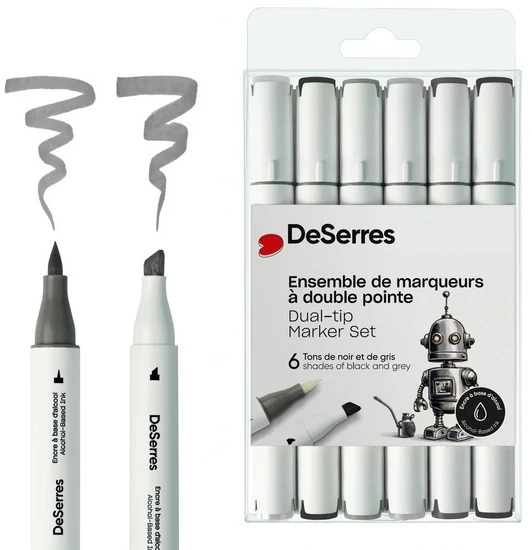 Set of 6 Dual Tip Alcohol Markers Black and Gray