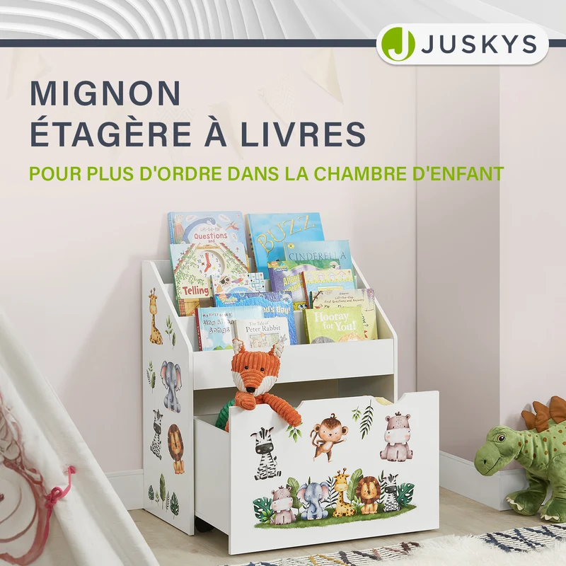 Bibliothèque pour enfants avec 3 compartiments et coffre à jouets coulissant