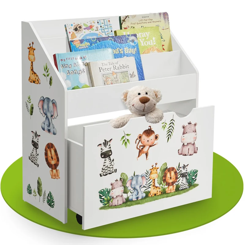 Bibliothèque pour enfants avec 3 compartiments et coffre à jouets coulissant