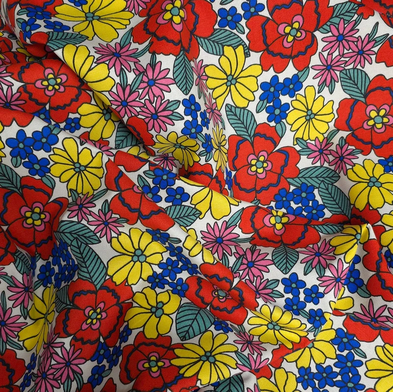 Canevas de coton floral rétro rouge | Oeko-Tex