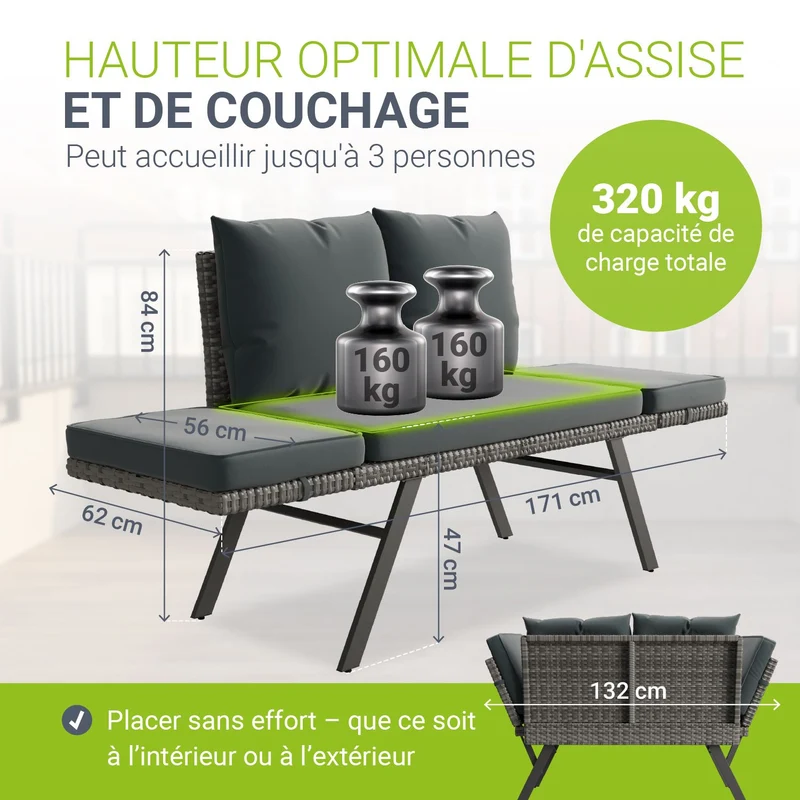 Banc de jardin 2en1 en résine tressée Calvia