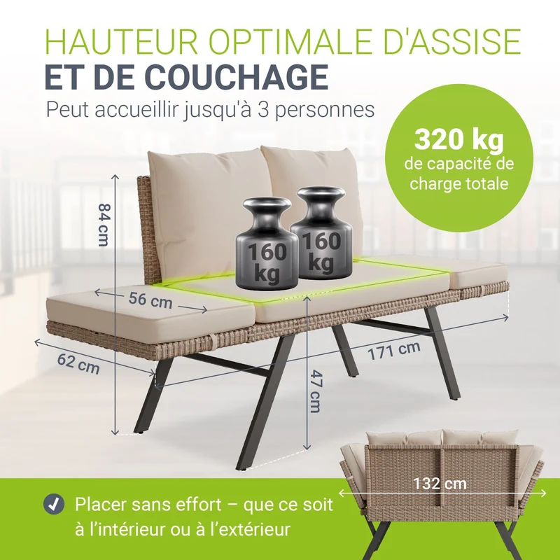 Banc de jardin 2en1 en résine tressée Calvia