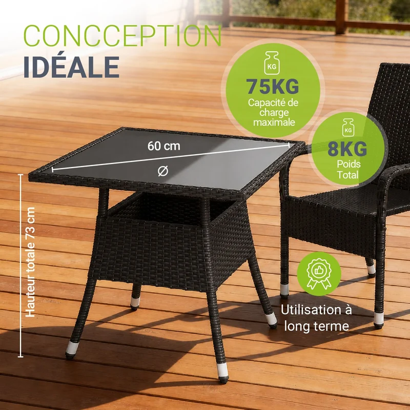 Table de jardin carrée en résine tressée Yoro