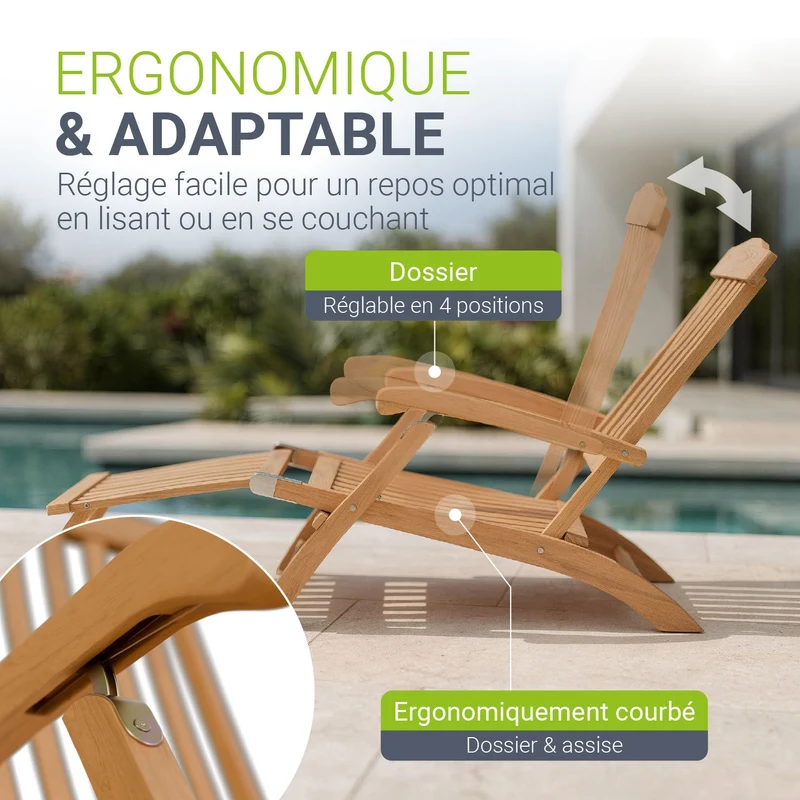 Bain de soleil de jardin résistant aux intempéries en bois huilé