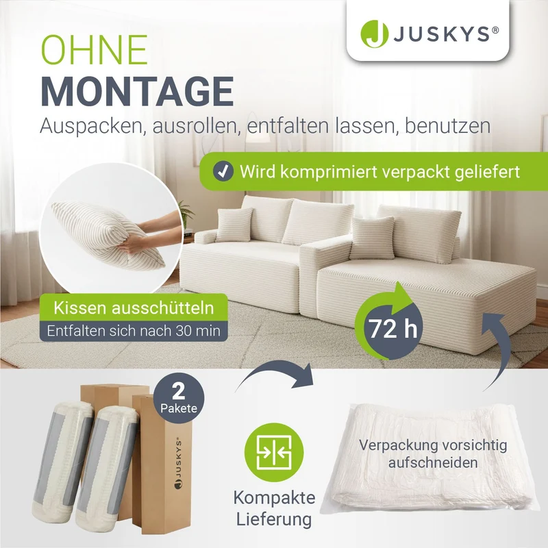 Canapé Coredo avec revêtement en velours côtelé et coussins décoratifs