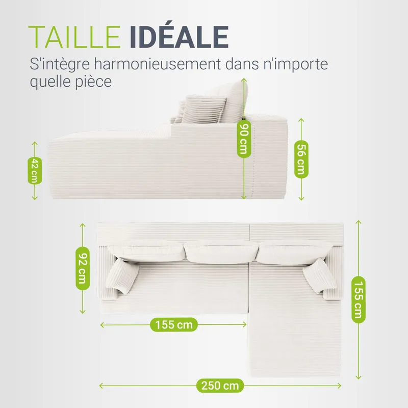Canapé Coredo avec revêtement en velours côtelé et coussins décoratifs