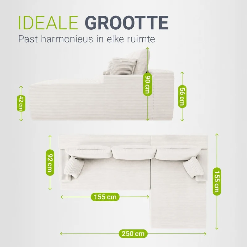 Canapé Coredo avec revêtement en velours côtelé et coussins décoratifs