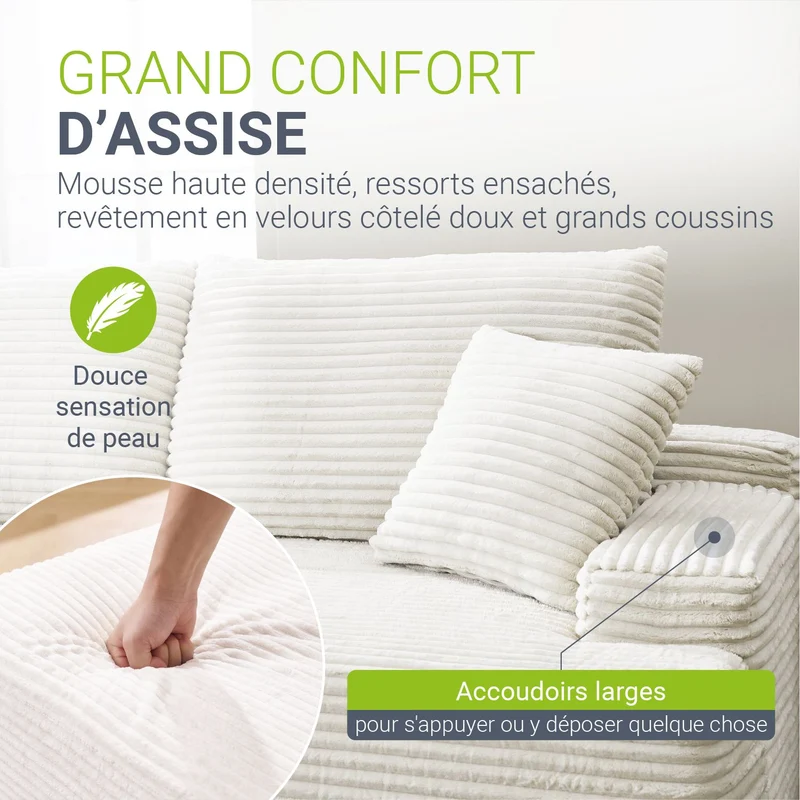 Canapé Coredo avec revêtement en velours côtelé et coussins décoratifs