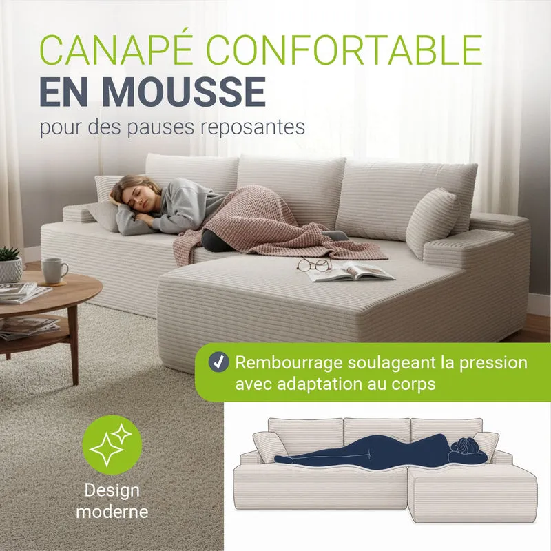 Canapé Coredo avec revêtement en velours côtelé et coussins décoratifs