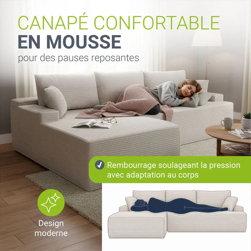Canapé Coredo avec revêtement en velours côtelé et coussins décoratifs