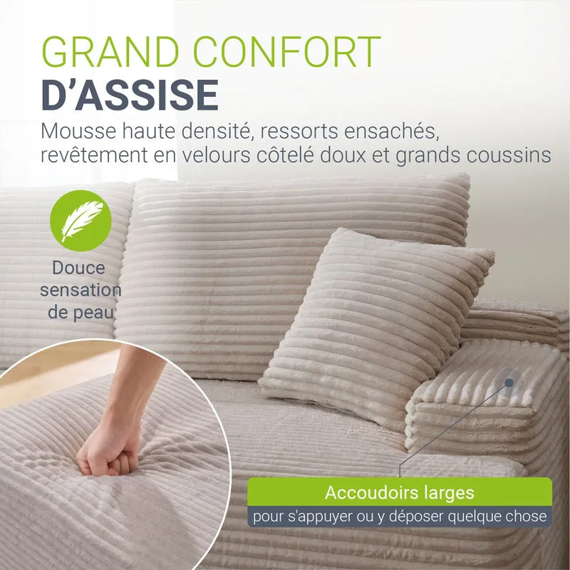 Canapé Coredo avec revêtement en velours côtelé et coussins décoratifs