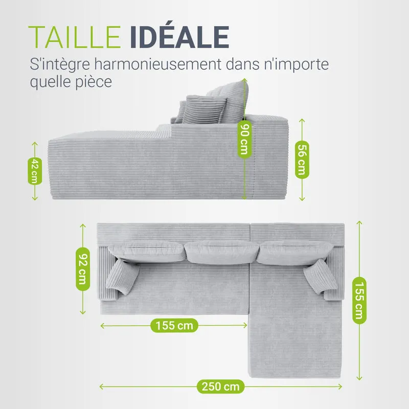 Canapé Coredo avec revêtement en velours côtelé et coussins décoratifs