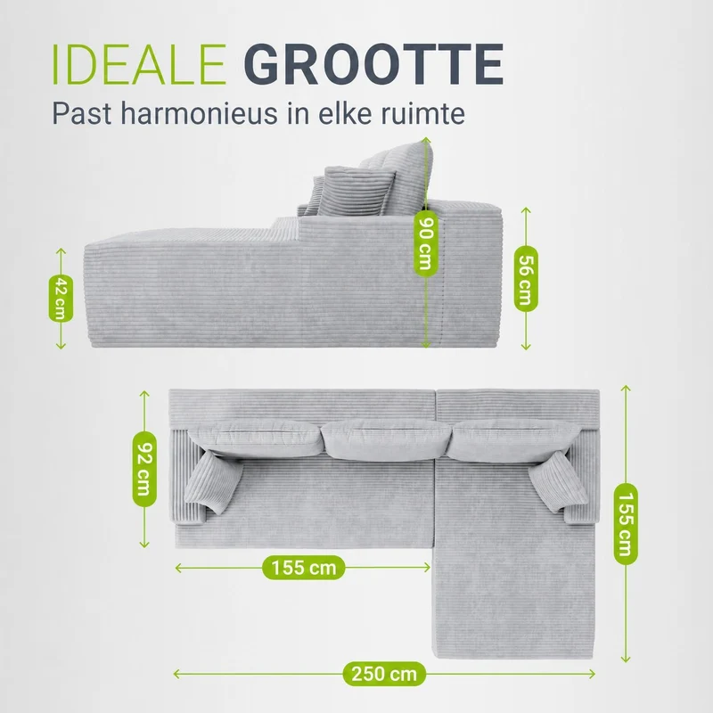 Canapé Coredo avec revêtement en velours côtelé et coussins décoratifs