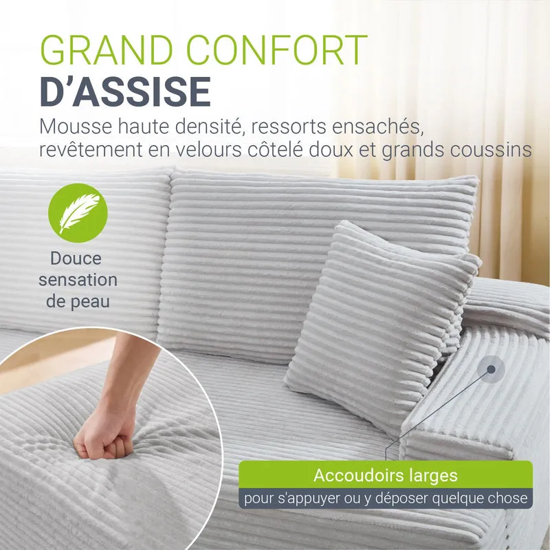 Canapé Coredo avec revêtement en velours côtelé et coussins décoratifs