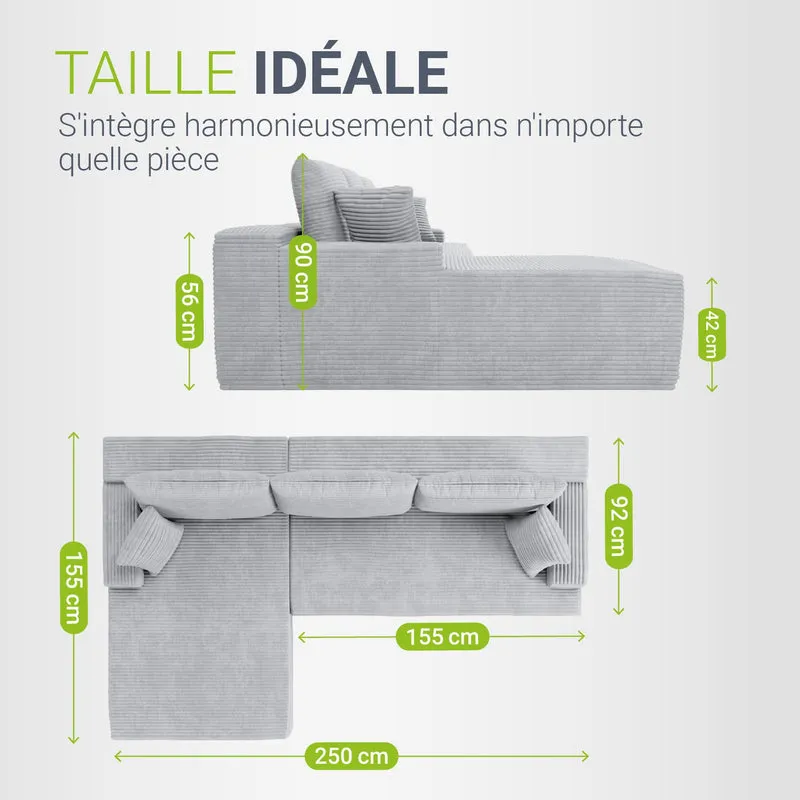 Canapé Coredo avec revêtement en velours côtelé et coussins décoratifs