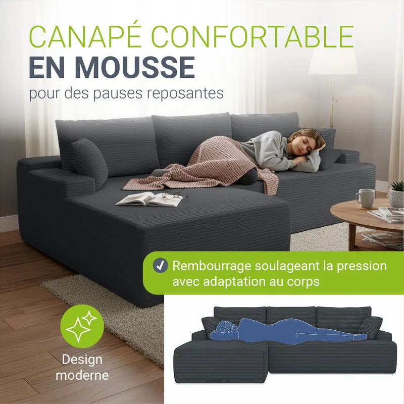 Canapé Coredo avec revêtement en velours côtelé et coussins décoratifs