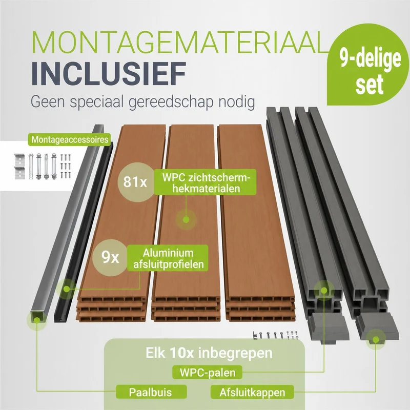 Clôture en WPC composée d'éléments et de poteaux
