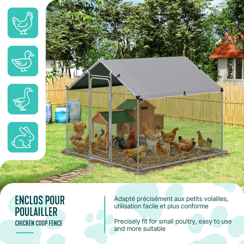 Enclos poulailler en metal galvanise et grillage avec bache PE 200x200x200cm