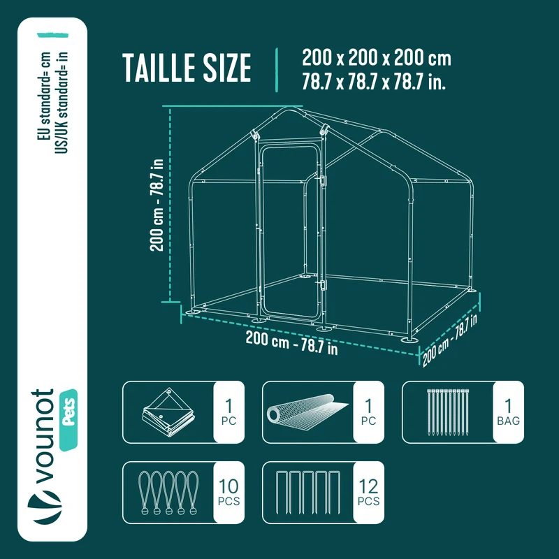 Enclos poulailler en metal galvanise et grillage avec bache PE 200x200x200cm