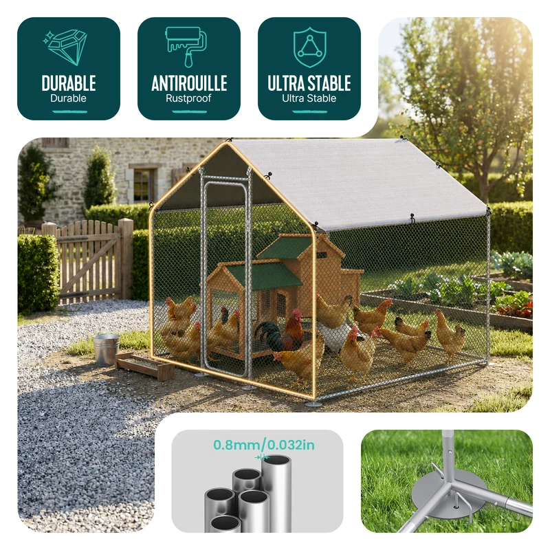 Enclos poulailler en metal galvanise et grillage avec bache PE 200x200x200cm