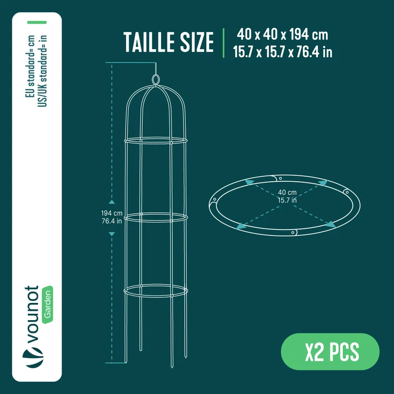 Lot de 2 Tuteur de jardin obelisque 194 cm en metal Noir