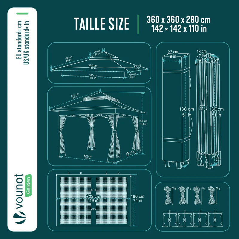 Tonnelle de jardin exterieure pliable avec moustiquaire 3.6x3.6m gris