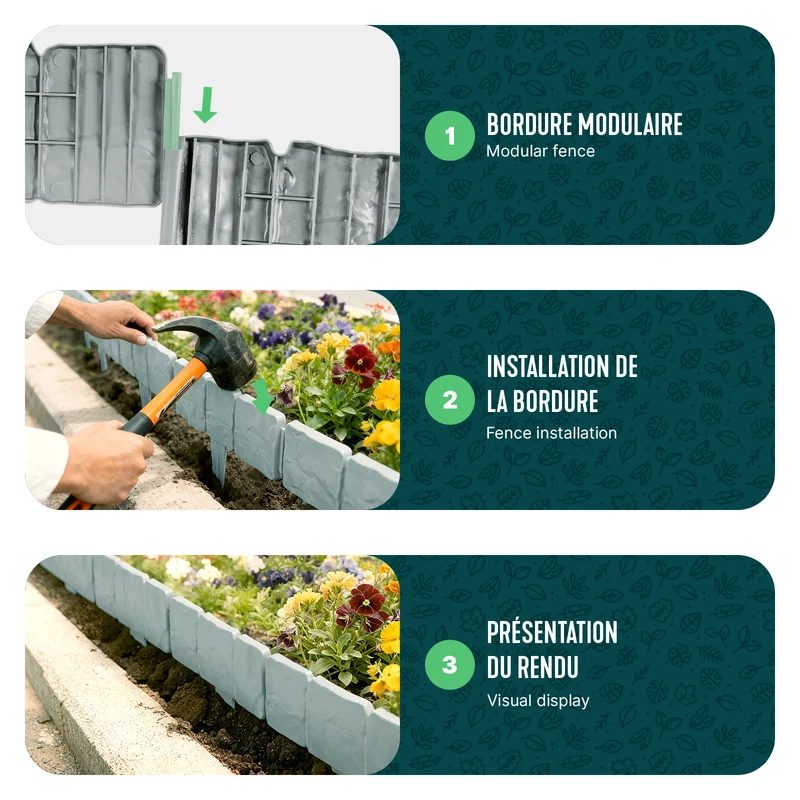 Bordure de jardin plastique PP imitation pierre 2.5m gris clair