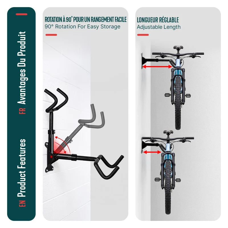 Support mural velo pliable et reglable metal noir