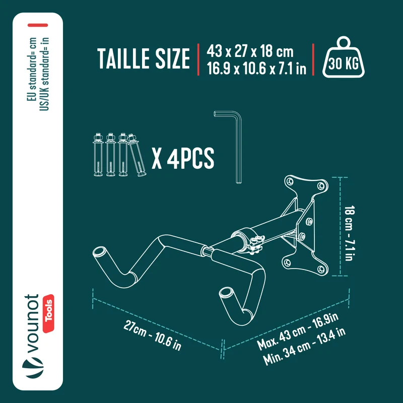 Support mural velo pliable et reglable metal noir