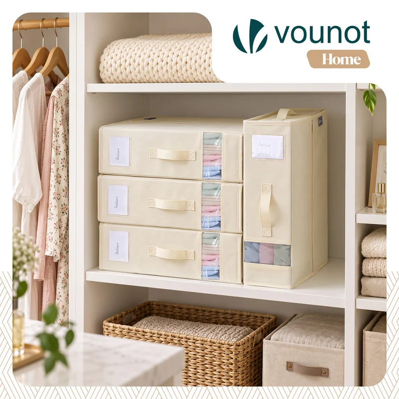 Lot de 3 Sacs de Rangement Drap de Lit Pliable 38,5x33x12cm Beige