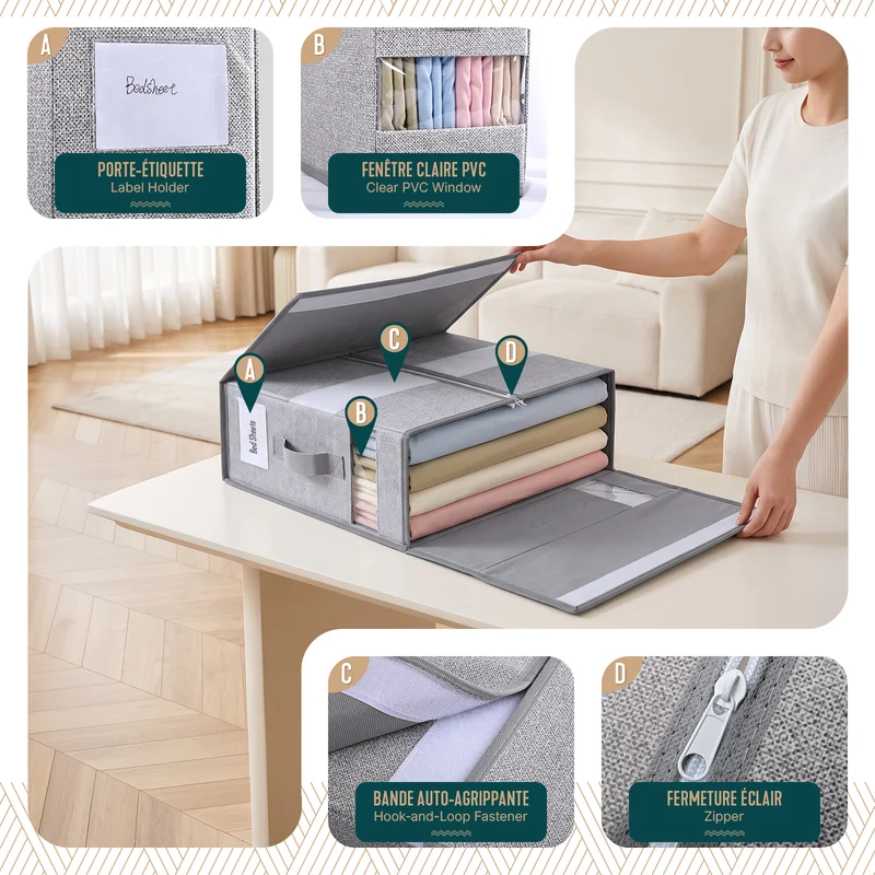 Lot de 3 Sacs de Rangement Drap de Lit Pliable 38,5x33x12cm Gris