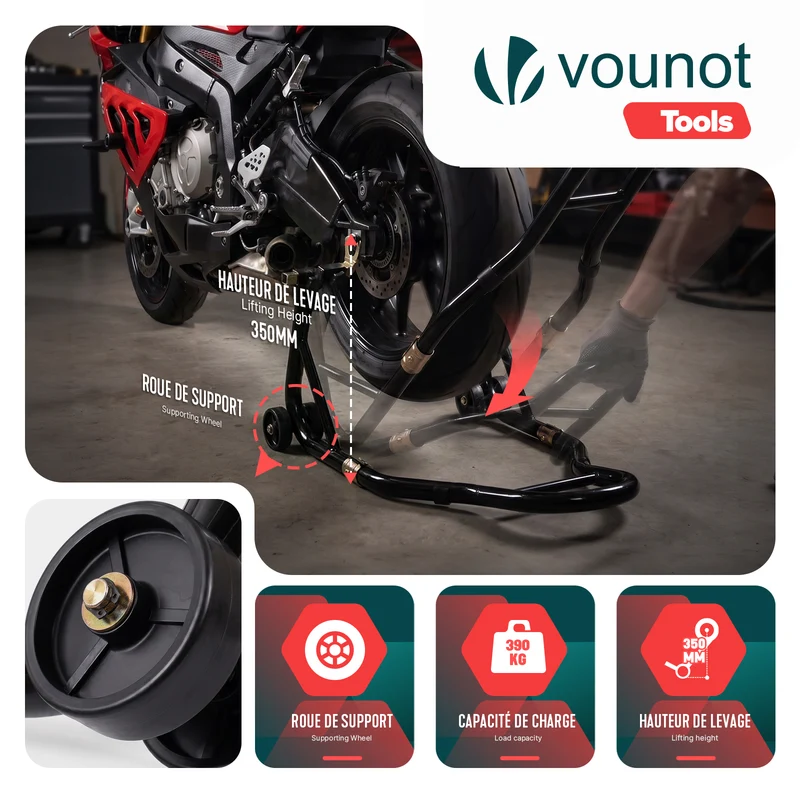 Bequille Moto roue arriere charge max 390 kg acier Noir