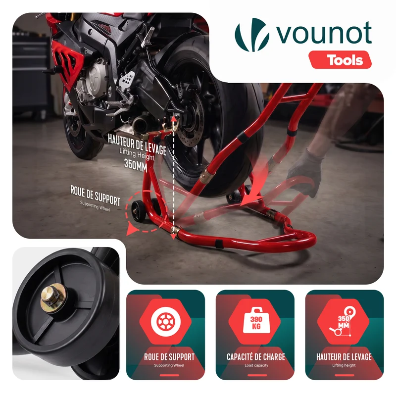 Bequille Moto roue arriere charge max 390 kg acier Rouge