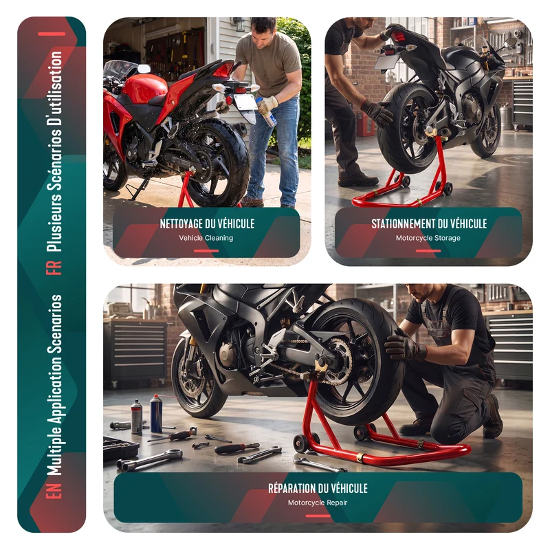 Bequille Moto roue arriere charge max 390 kg acier Rouge