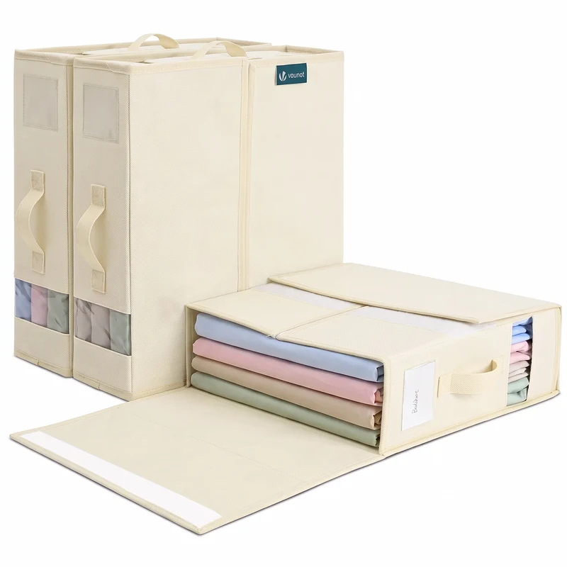 Lot de 3 Sacs de Rangement Drap de Lit Pliable 38,5x33x12cm Beige
