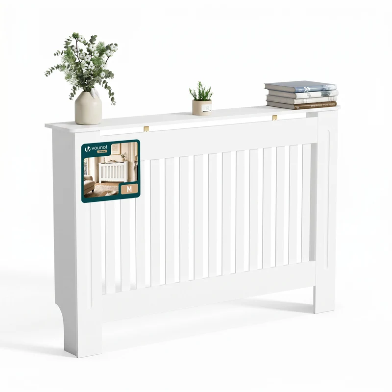 Cache radiateur en MDF avec lattes et etagere 111×19×82 cm Blanc
