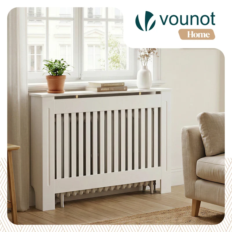 Cache radiateur en MDF avec lattes et etagere 111×19×82 cm Blanc
