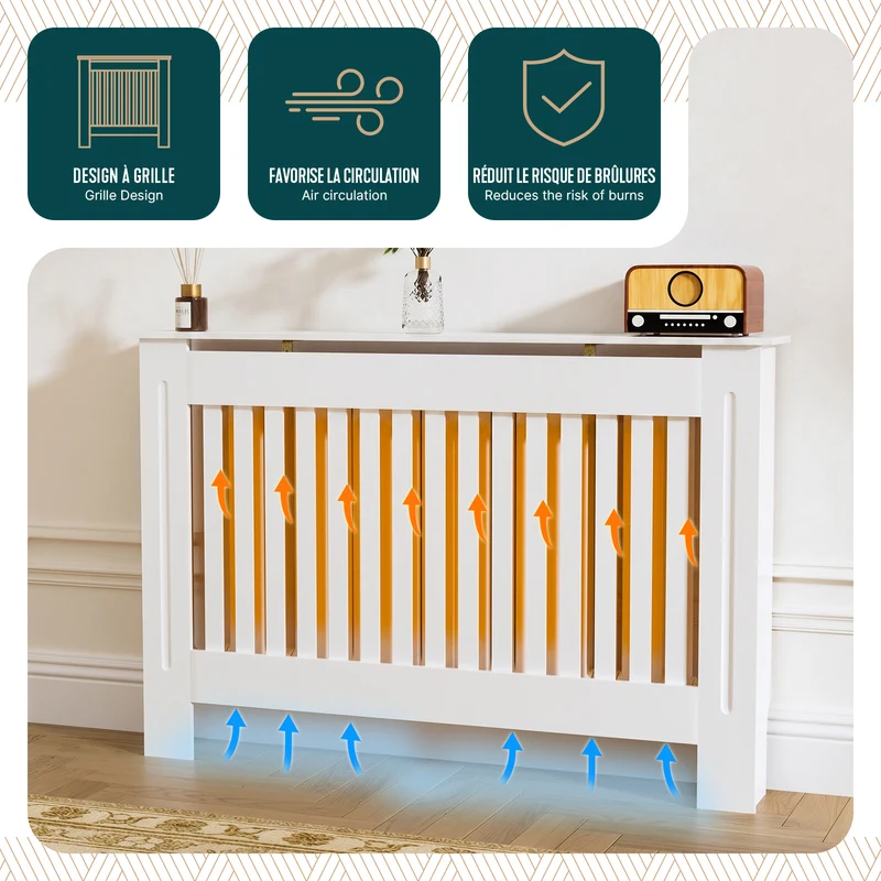 Cache radiateur en MDF avec lattes et etagere 111×19×82 cm Blanc