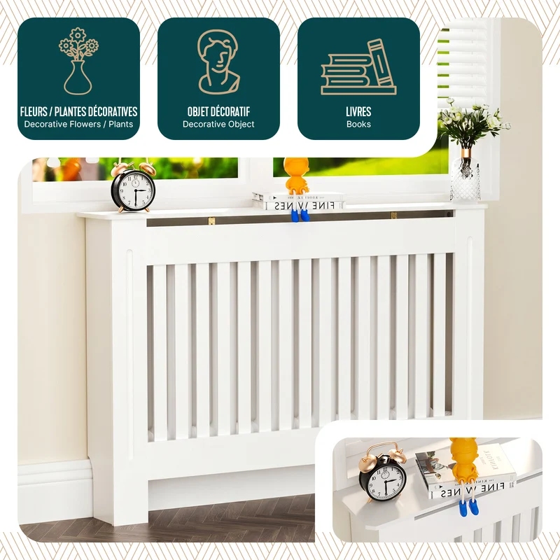 Cache radiateur en MDF avec lattes et etagere 111×19×82 cm Blanc