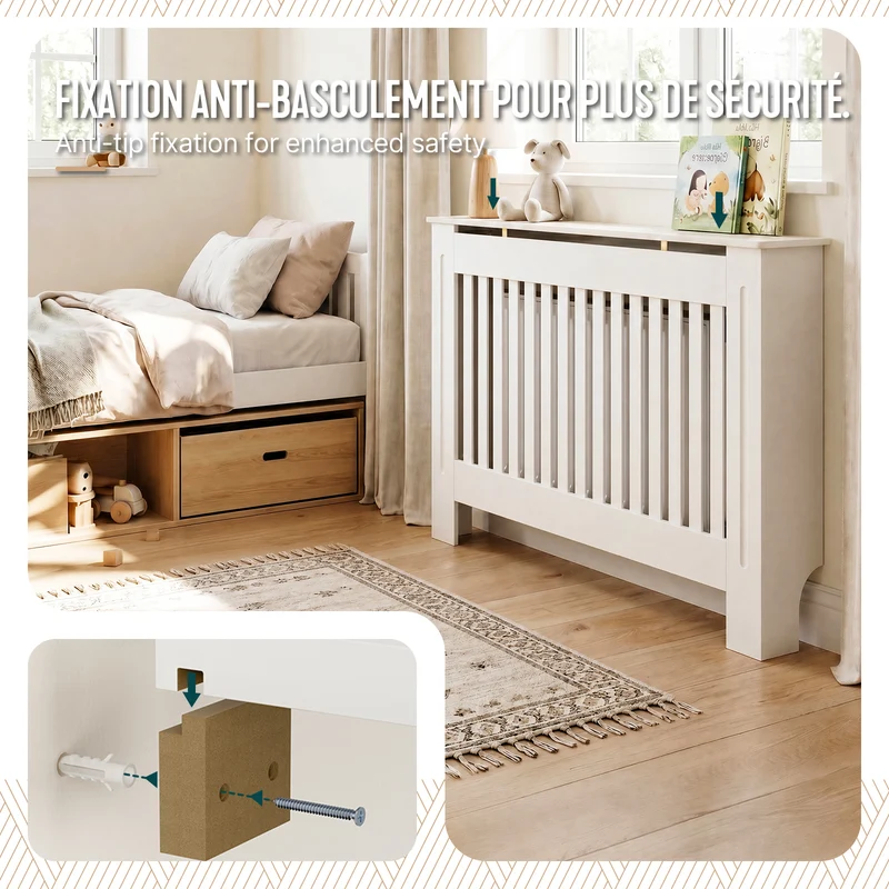 Cache radiateur en MDF avec lattes et etagere 111×19×82 cm Blanc