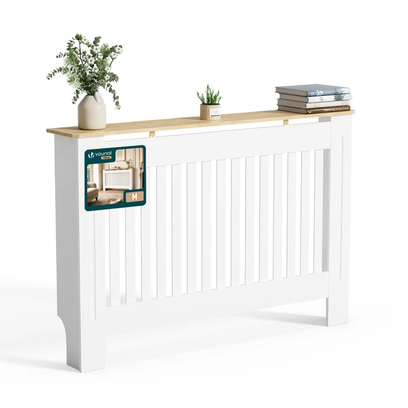 Cache radiateur en MDF avec lattes et etagere 111×19×82 cm Blanc Chêne