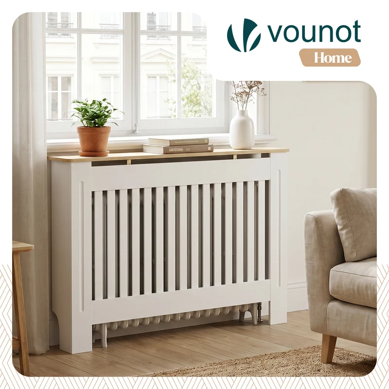 Cache radiateur en MDF avec lattes et etagere 111×19×82 cm Blanc Chêne