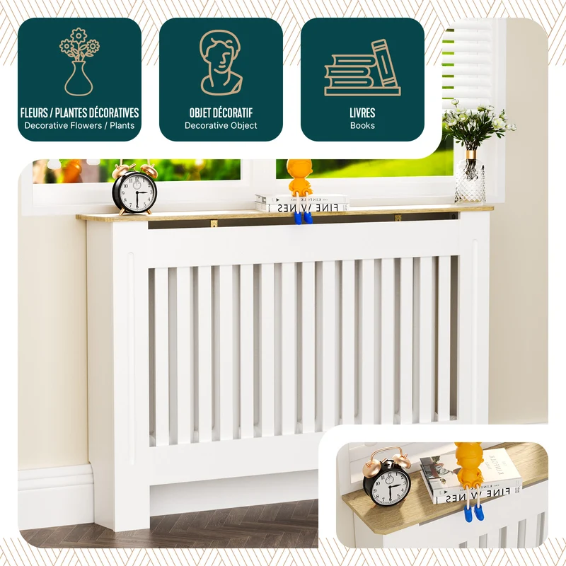 Cache radiateur en MDF avec lattes et etagere 111×19×82 cm Blanc Chêne