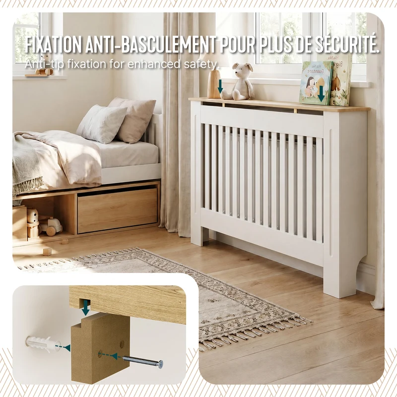 Cache radiateur en MDF avec lattes et etagere 111×19×82 cm Blanc Chêne