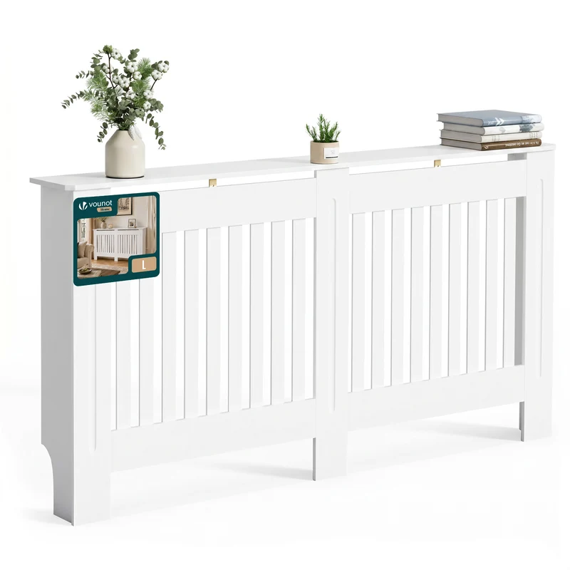Cache radiateur en MDF avec lattes et etagere 152×19×82 cm Blanc