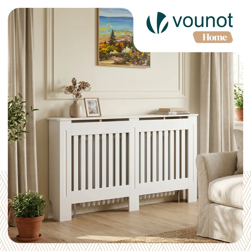 Cache radiateur en MDF avec lattes et etagere 152×19×82 cm Blanc