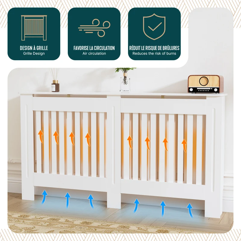 Cache radiateur en MDF avec lattes et etagere 152×19×82 cm Blanc
