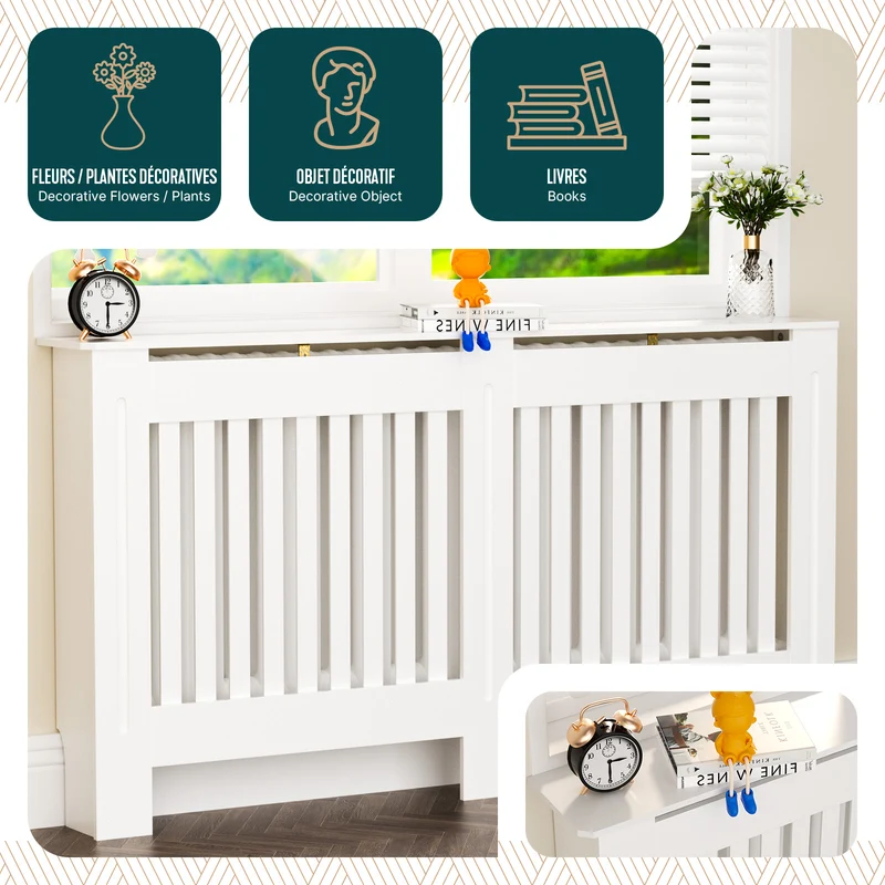 Cache radiateur en MDF avec lattes et etagere 152×19×82 cm Blanc