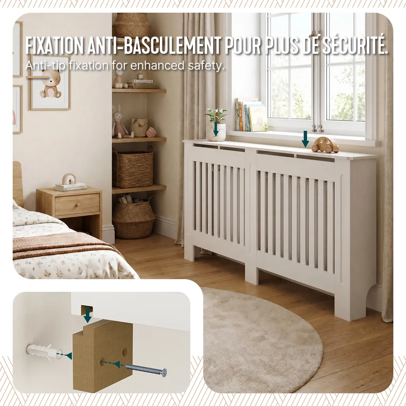 Cache radiateur en MDF avec lattes et etagere 152×19×82 cm Blanc
